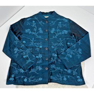 Vintage Coldwater Creek Womens Jacket XL Blue Silk Embroidered Floral‎ Blazer